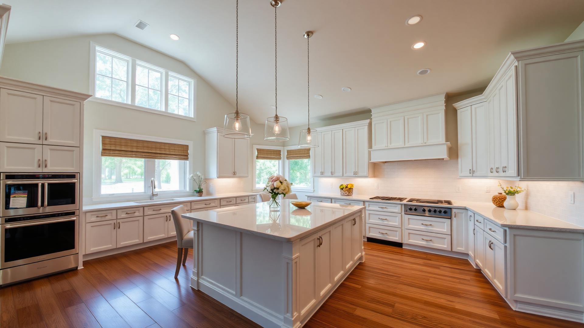 Beautifully remodeled bright Florida family kitchen with white shaker cabinets and hardwood floors