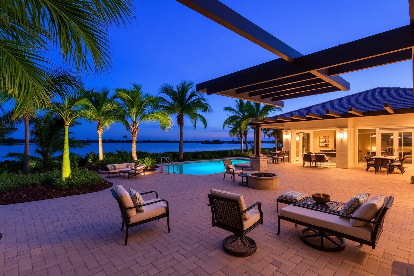 Florida outdoor living patio at twilight
